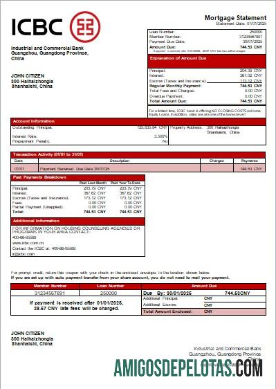 Declaração de hipoteca do banco ICBC da China baixar para verificação
